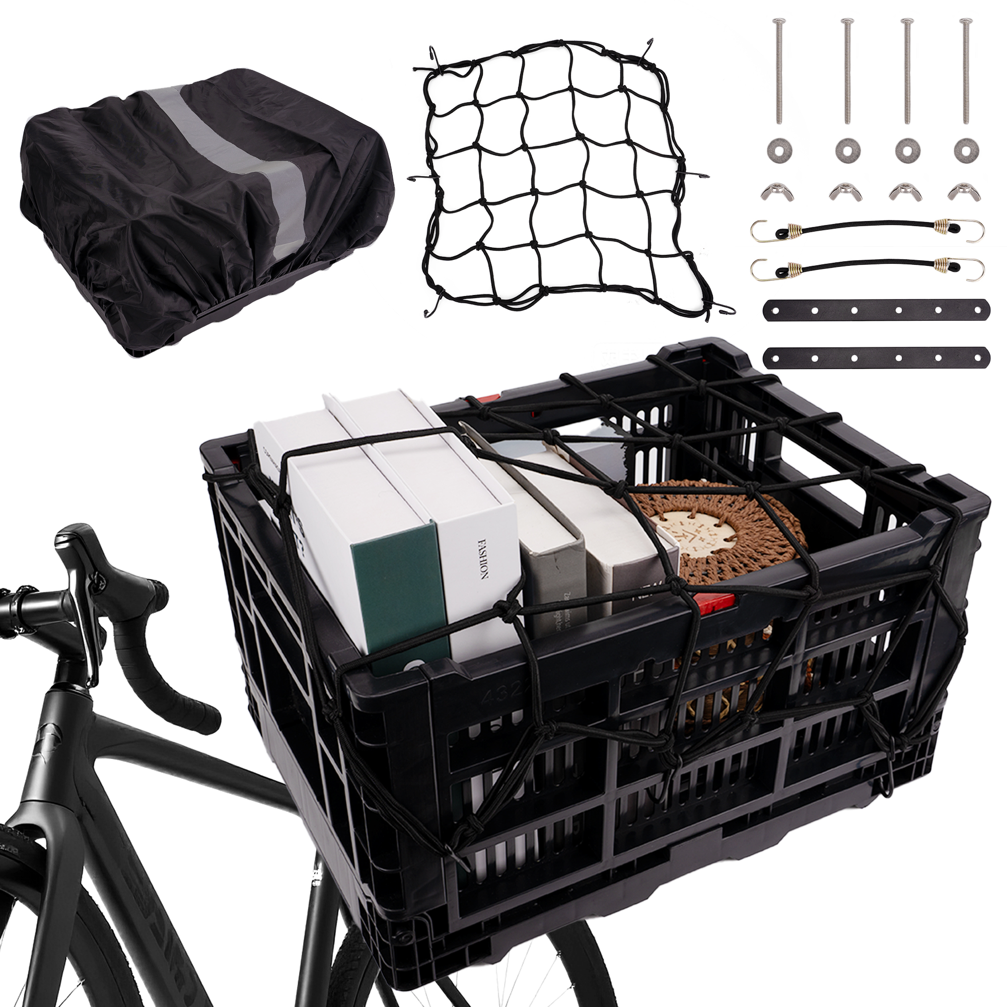 Bike Basket Rear – Folding Large Capacity Bicycle Storage Basket with Waterproof Cover, Collapsible Bike Milk Crate for Shopping, Outings, and Pet Transport, Great for E-Bikes, Black