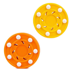 Roller/Street Hockey Puck 2-Pack (Orange & Yellow), 75mm Low-Friction TPU Training Pucks with ABS Glide Beads for Driveway, Sport Court & Inline Practice