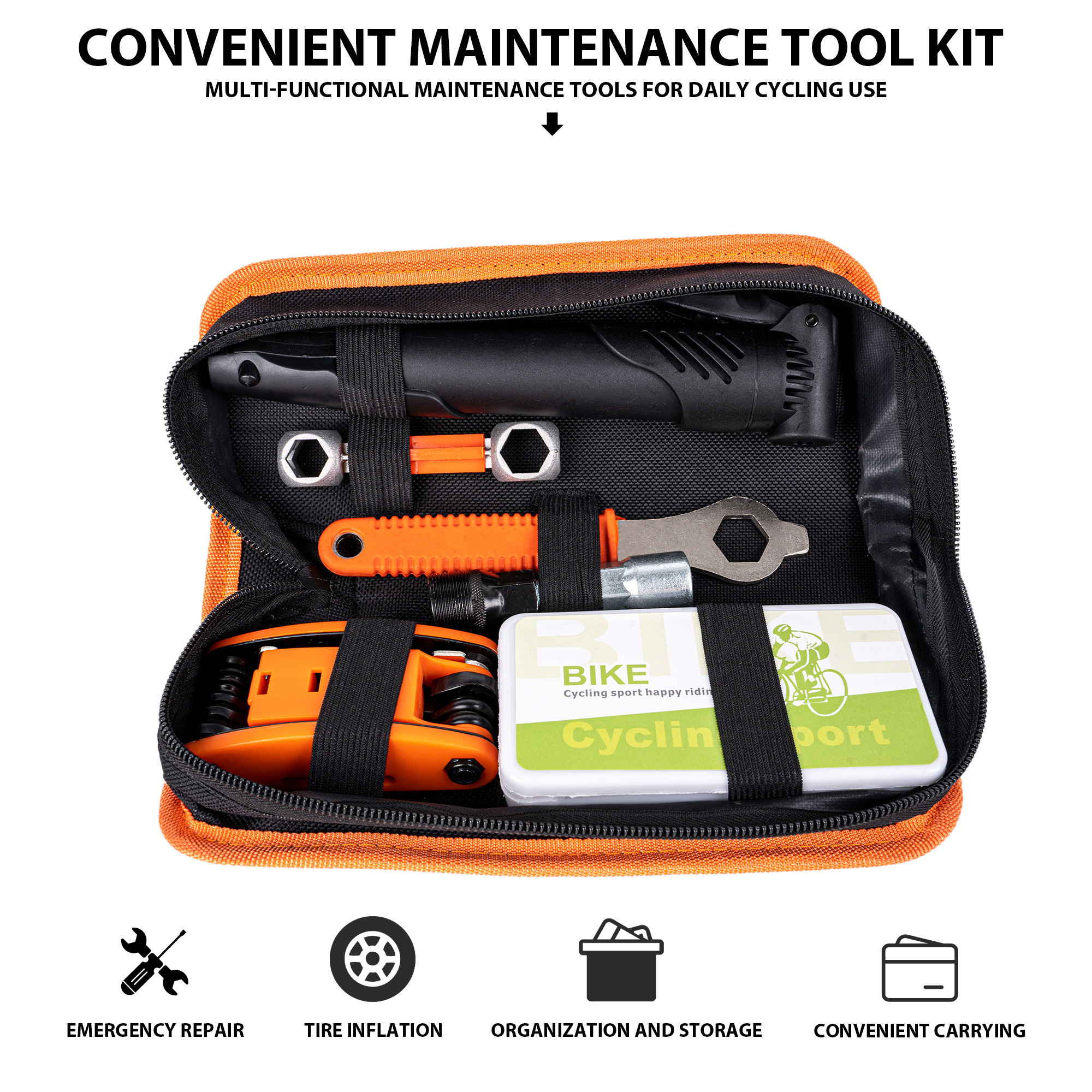 Bike Tire Repair Kit, Bike Chain Repair Wrench, Essential Mini Pump, Portable Adult Bicycle Toolkit Accessories, Multi Tool, Tire Levers, Glueless Patches & Portable Bag for Men and Women - Image 5