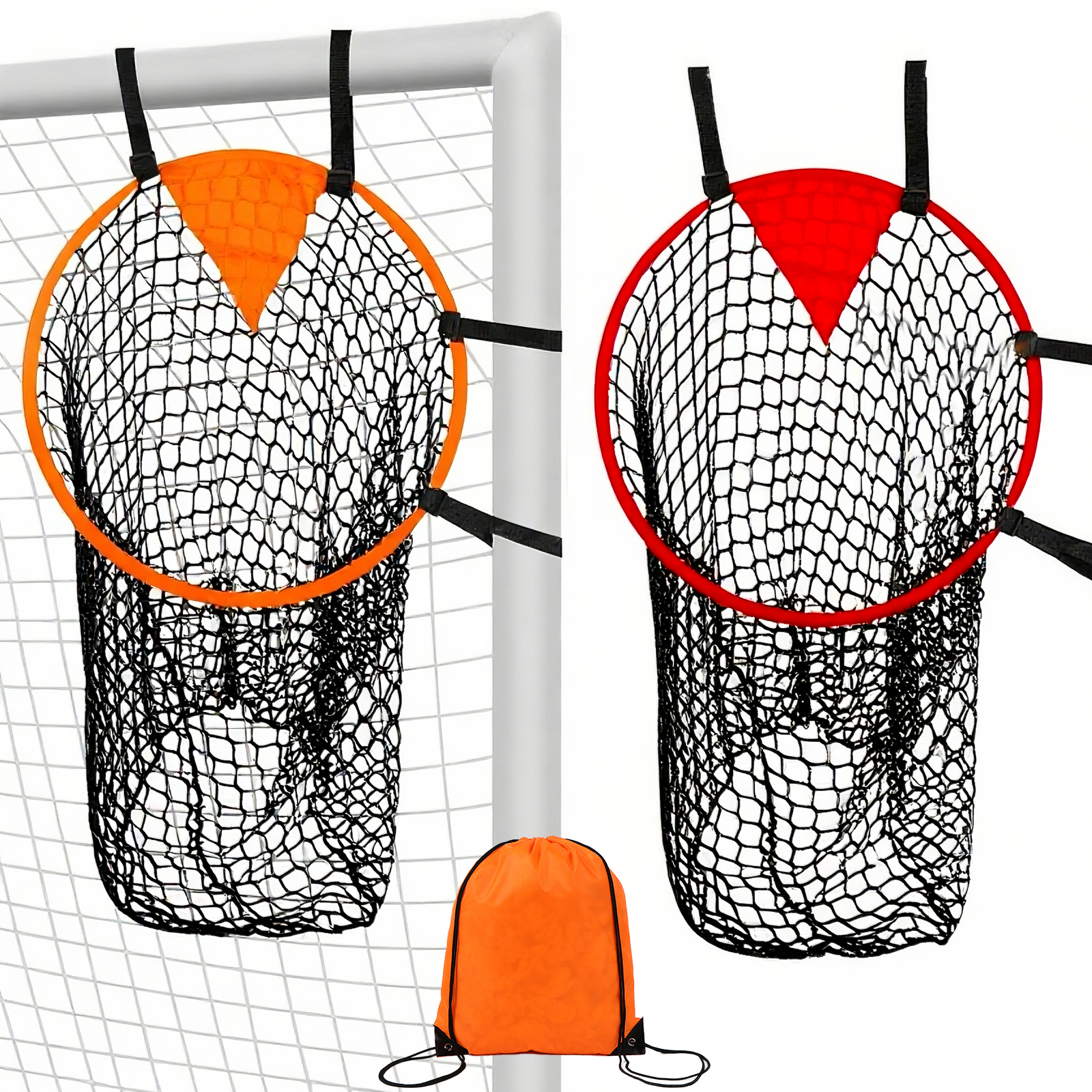 Soccer Goal Corner Target Nets with Bag 2-Pack – Orange & Red High-Visibility Accuracy Trainers with Catch Net, Adjustable Straps, Portable Shooting Targets for Kids & Adults