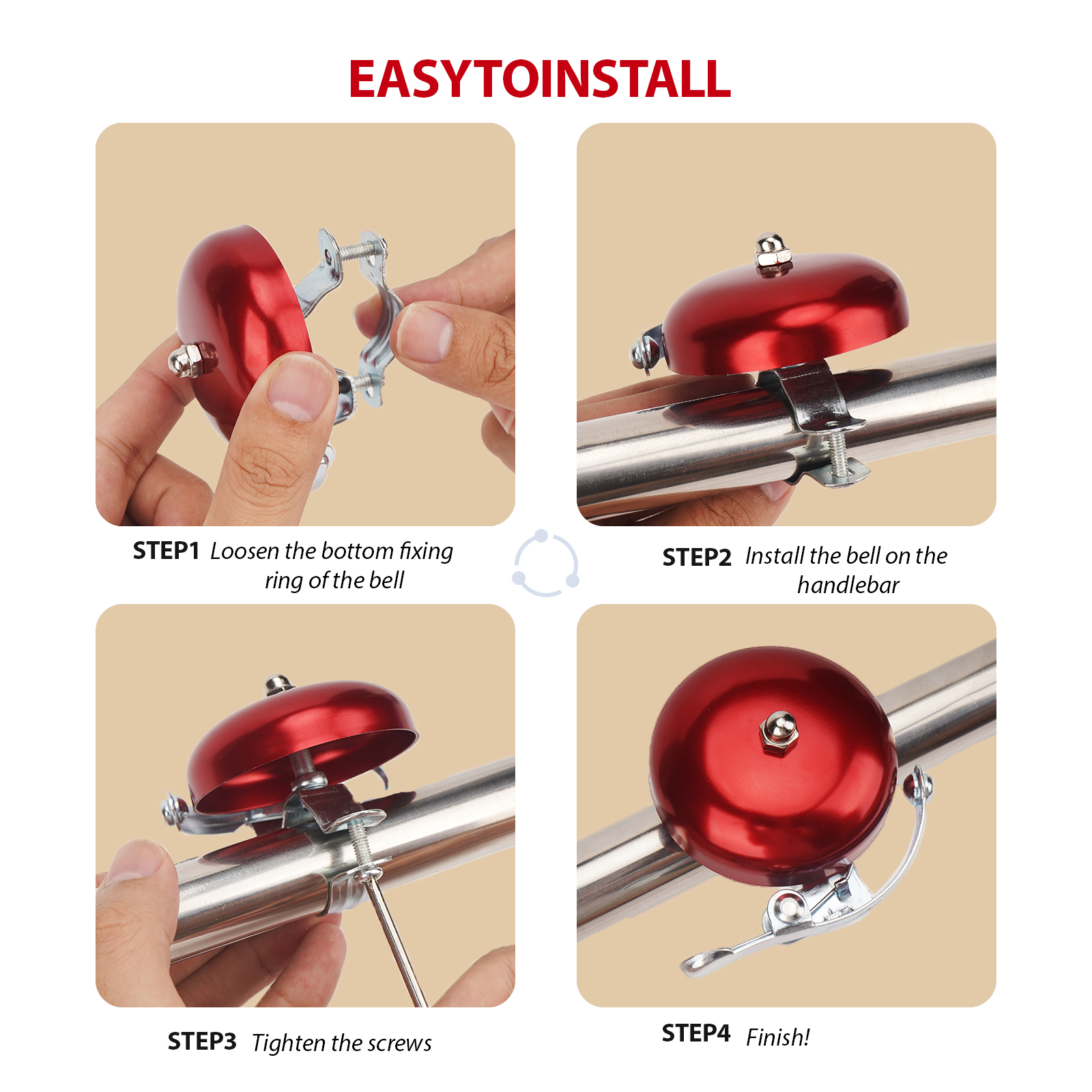 Bike Bell for Adults – Loud and Clear Sound, Classic Metal Design, Easy to Install, Suitable for bicycles with darker colors, Mountain Bikes, Road Bikes, and Scooters ( Red ) - Image 4