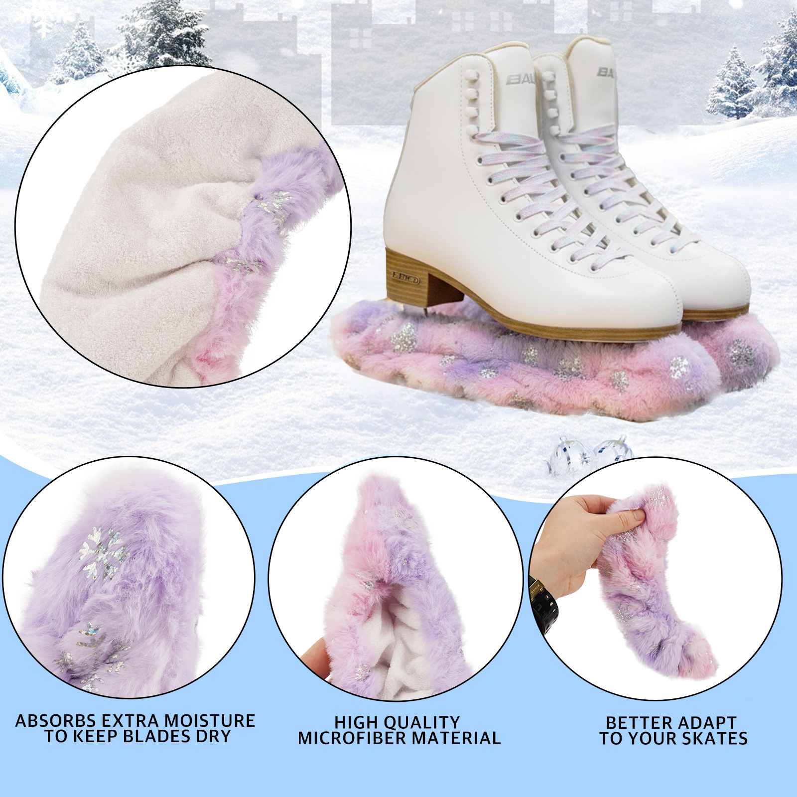 Ice Skate Soakers 1 Pair Plush Blade Covers for Figure & Hockey Skates, Soft Absorbent Lining, Fits Most Blades up to 12 Inch, Youth & Adult, Pink Purple/Teal - Image 4