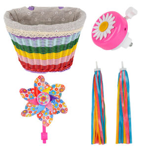 Big Bicycle Basket for Girls, Kids Bike Front Handlebar Basket with Bell, Streamers and Pinwheel, Colorful Woven Basket for Toddler Girls Bike Accessories and Decoration (5-12 age)