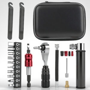Bike Repair Tools Kit with Mini Pump, Tire Patch Kit, Ratchet Wrench, Bits, Tire Levers and Storage Case, Portable Bicycle Repair Set for Road MTB and Commuter Cycling