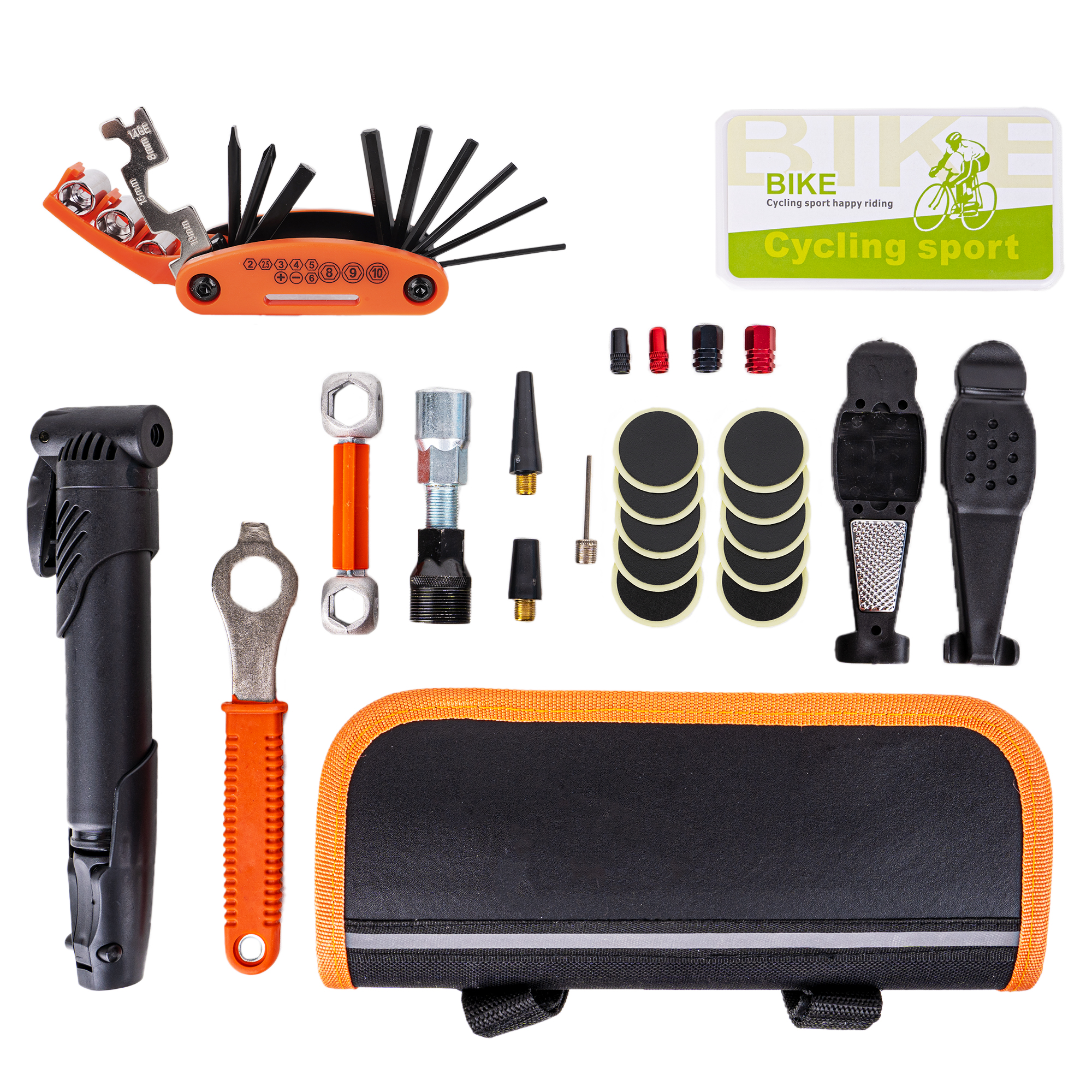 Bike Tire Repair Kit, Bike Chain Repair Wrench, Essential Mini Pump, Portable Adult Bicycle Toolkit Accessories, Multi Tool, Tire Levers, Glueless Patches & Portable Bag for Men and Women